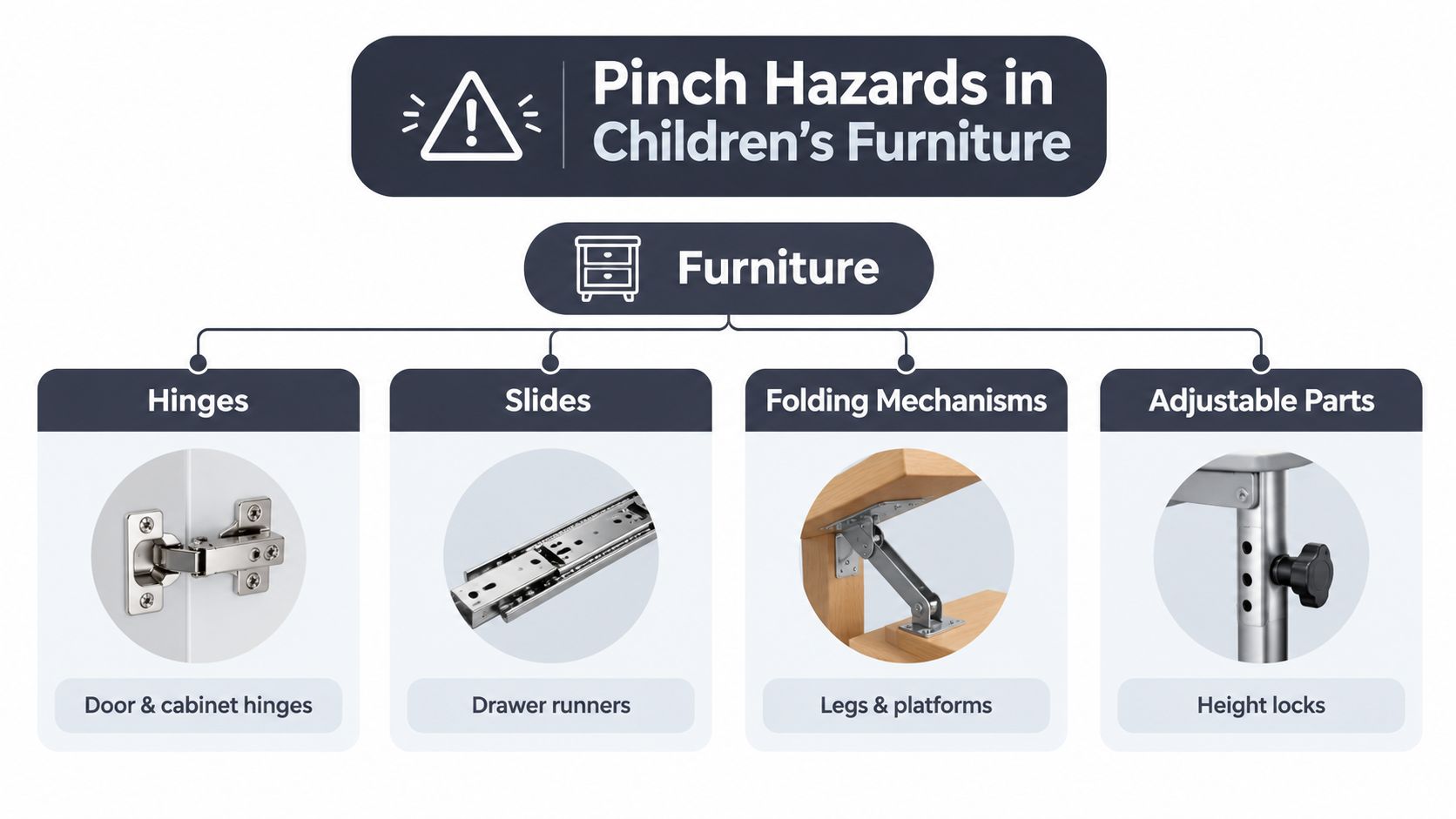 A diagram illustrating common pinch hazards found in children's furniture, including hinges, drawer slides, folding mechanisms, and adjustable parts.