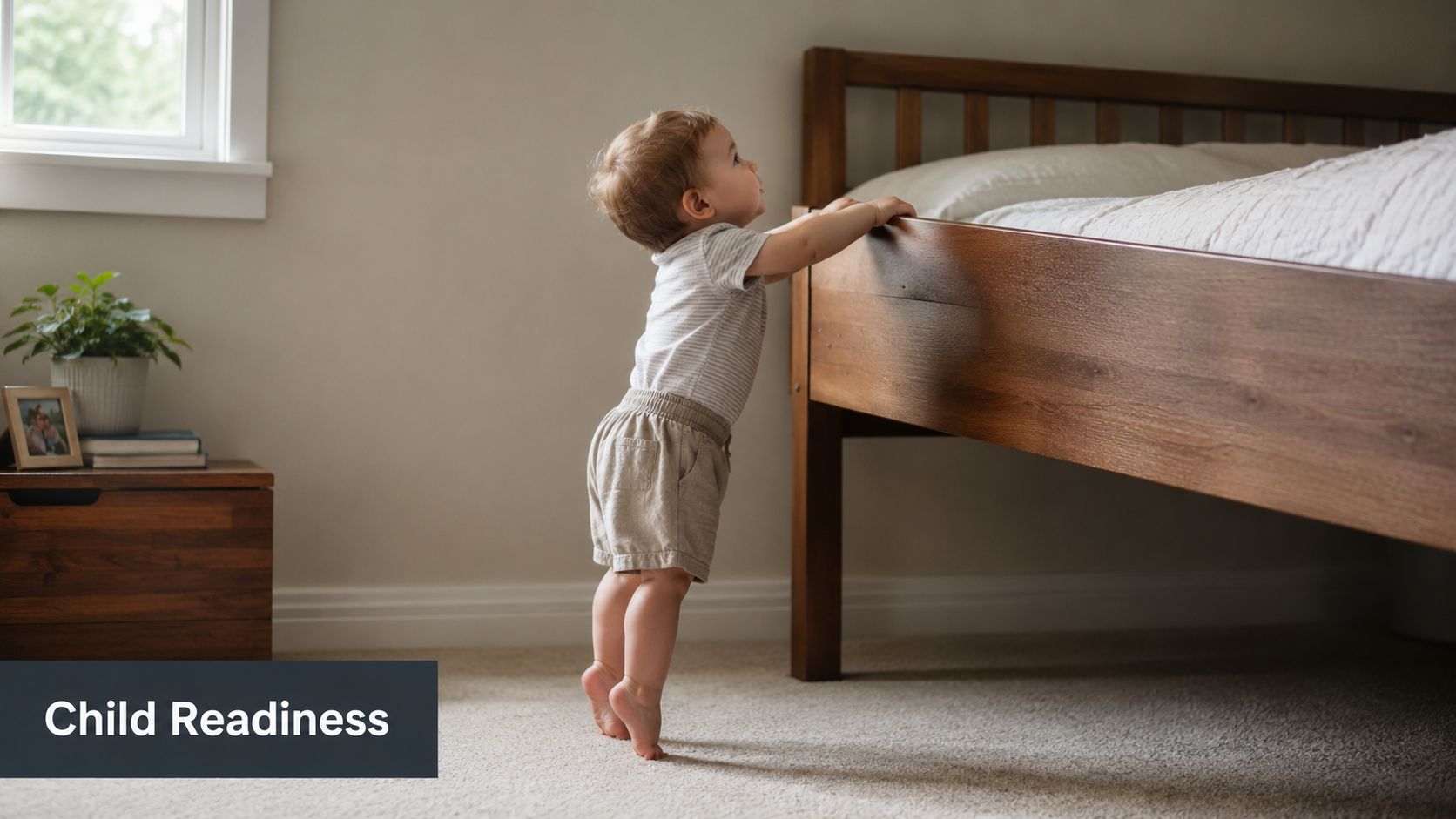 A young toddler stands on tiptoes while holding onto the edge of a wooden bed frame.