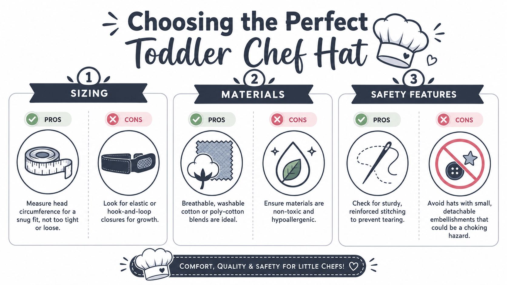 An infographic titled Choosing the Perfect Toddler Chef Hat, illustrating sizing, materials, and safety tips for parents.