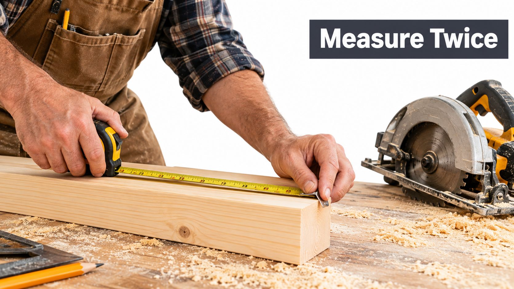 A carpenter measuring a piece of lumber on a wooden workbench with a saw nearby