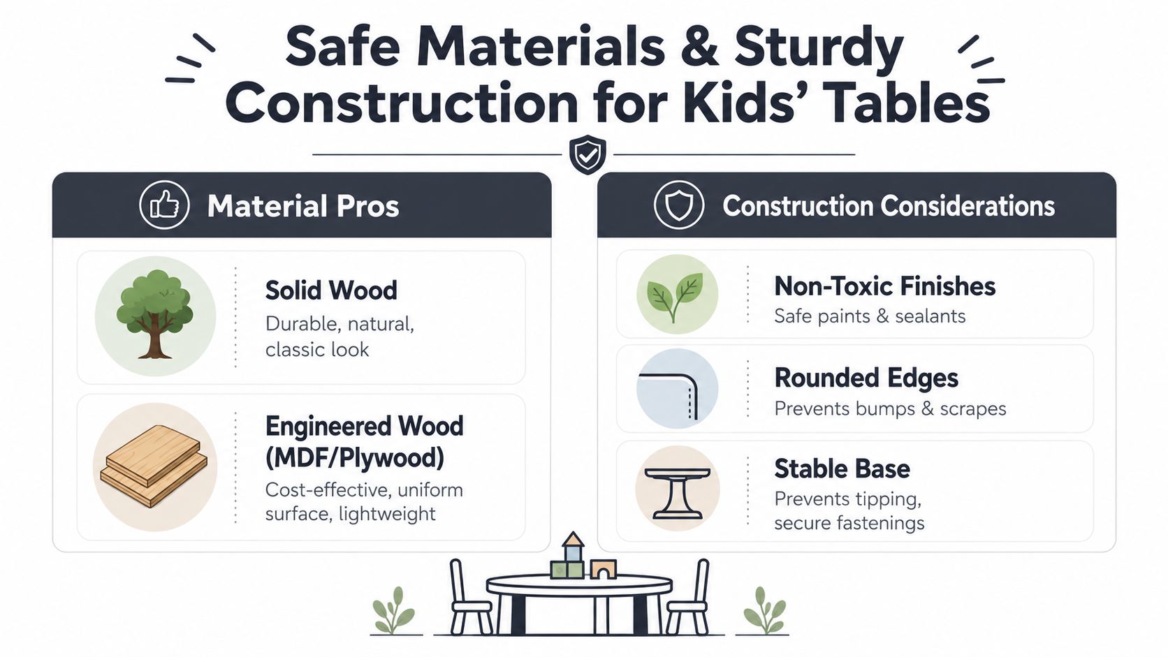 An infographic detailing safe materials and sturdy construction considerations for choosing kids' tables, including wood and safety features.