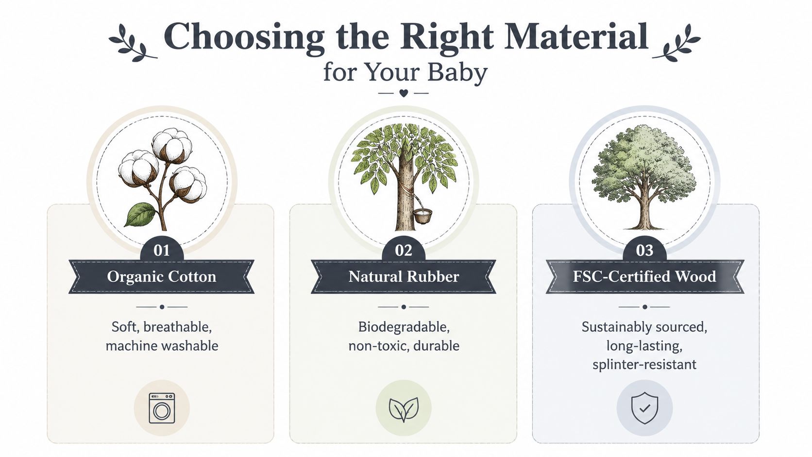 An infographic showing three safe material choices for baby products: organic cotton, natural rubber, and FSC-certified wood.