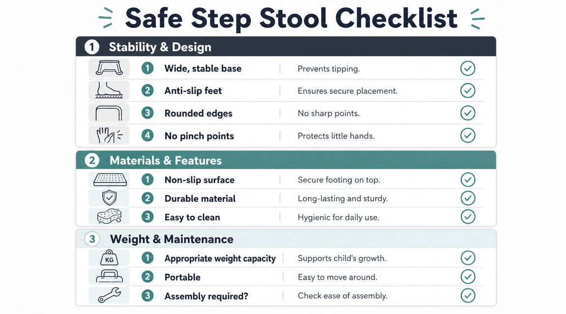 An infographic checklist for evaluating the safety, stability, and design features of a child's step stool.