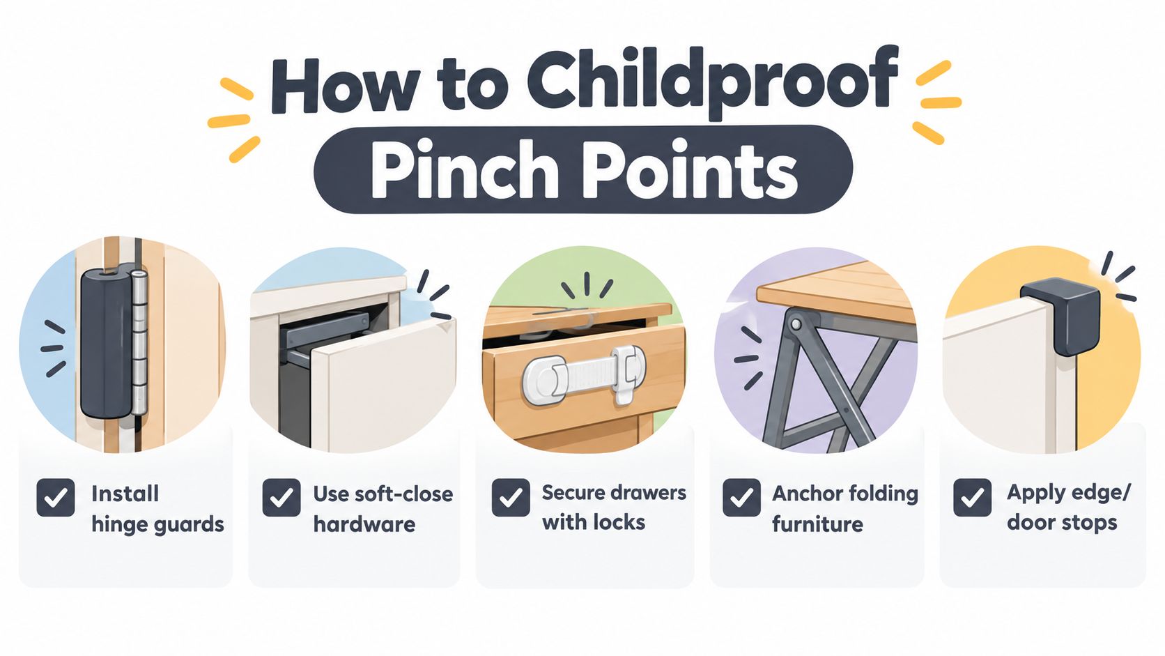 An infographic illustrating five effective ways to childproof pinch points in a home environment.