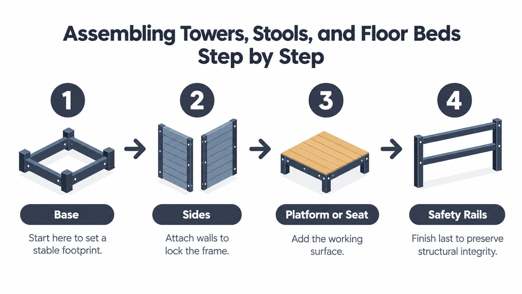 A four-step infographic illustrating the assembly process for modular furniture like towers, stools, and floor beds.