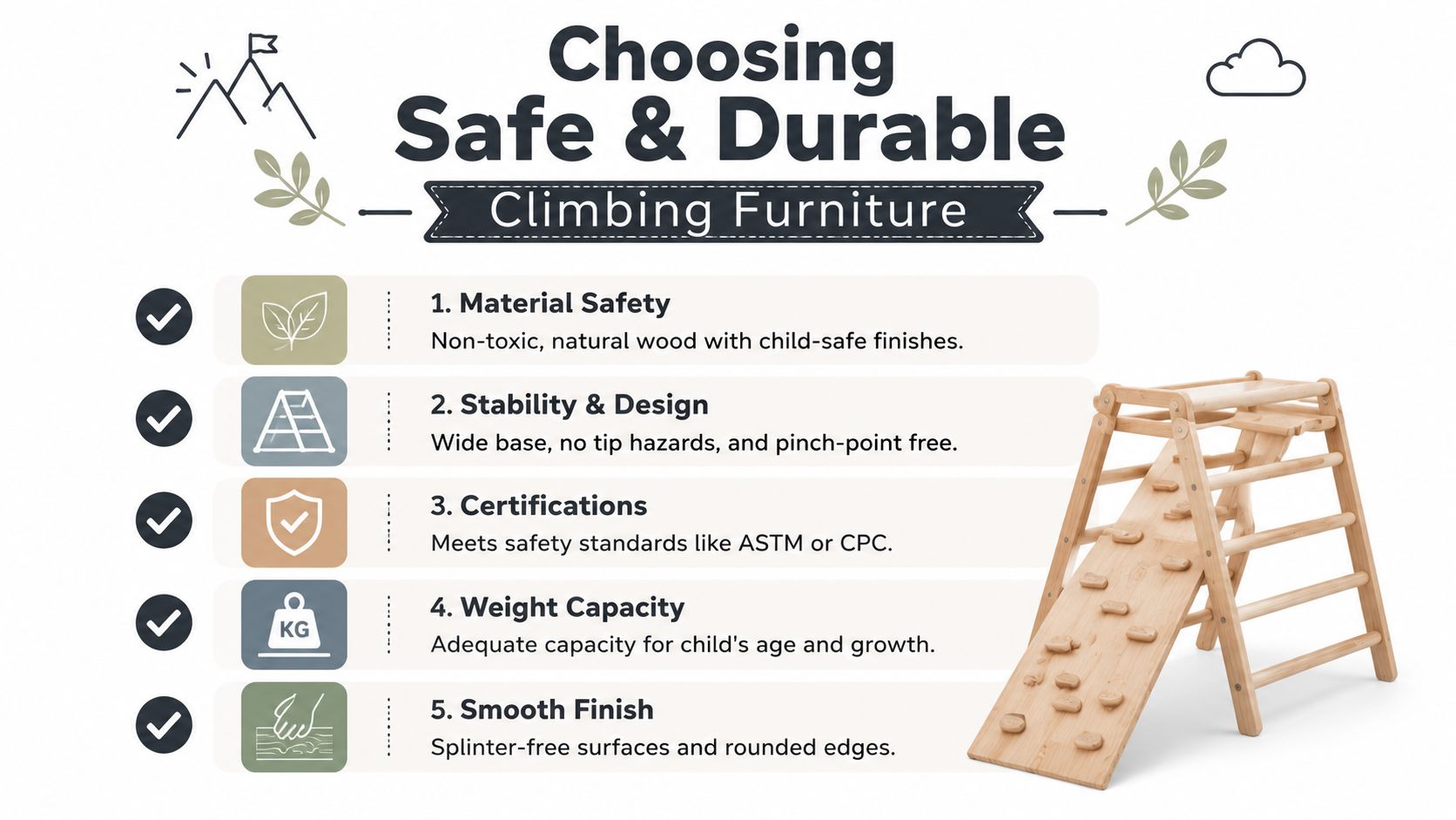 A checklist for choosing safe and durable Montessori climbing furniture for children including five essential safety tips.