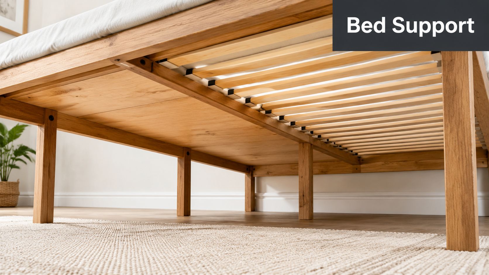 Low angle view showing the sturdy wooden slat foundation and support legs of a platform bed frame.