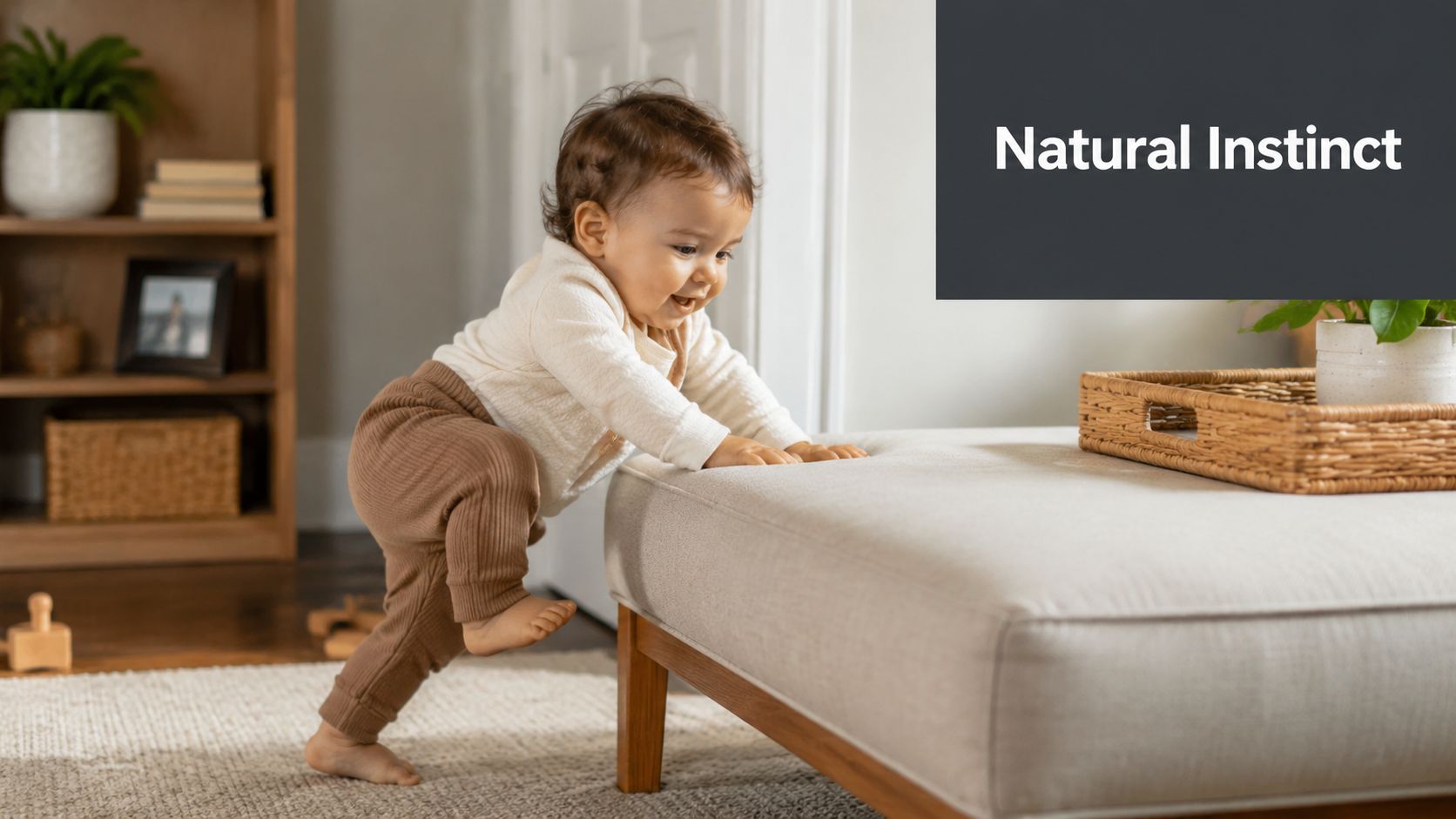 A happy baby standing up by climbing onto a cushioned piece of low montessori-style furniture.