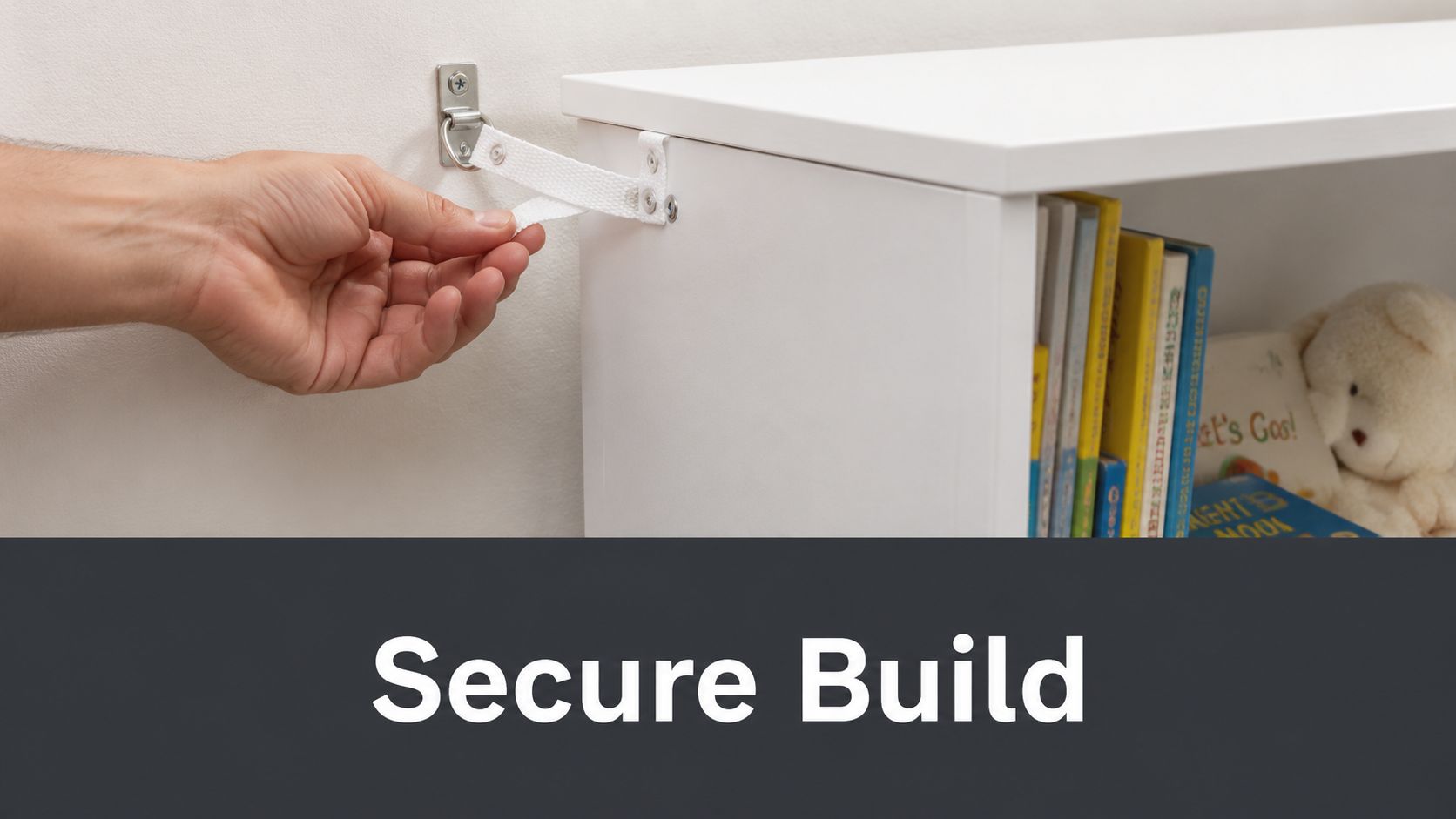 A close-up view of a person securing a white bookcase to the wall with a strap.