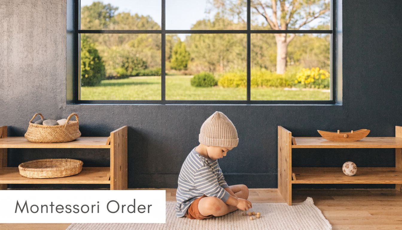 A toddler in a beige beanie sitting on a rug playing with small wooden items in a minimalist playroom.