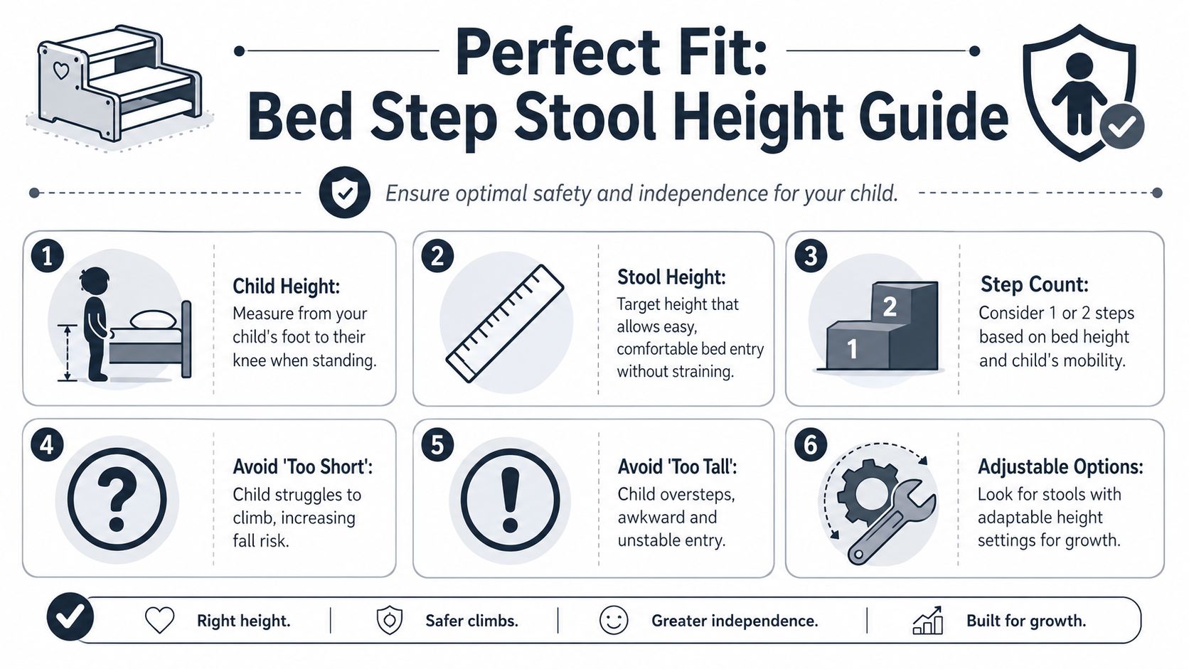An infographic showing six steps for choosing the correct height of a kids step stool for bed.