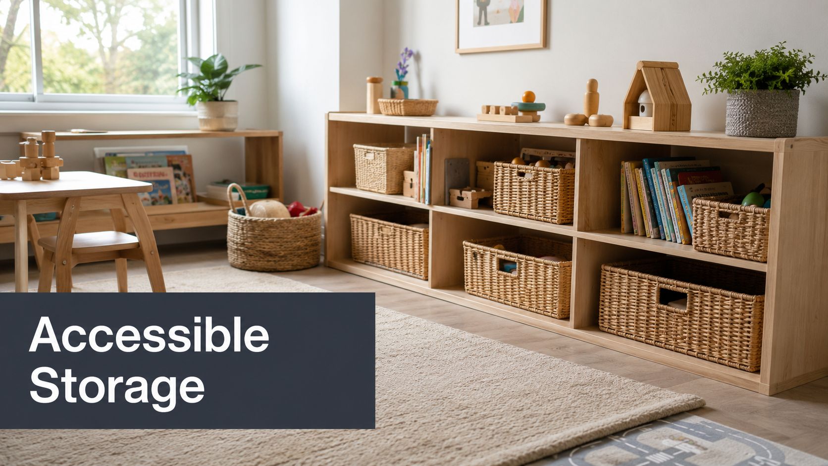 A Montessori-inspired playroom with low wooden shelving units and wicker baskets for accessible toy and book storage.