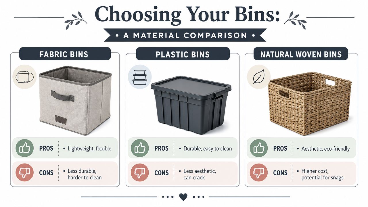 A comparison chart showing the pros and cons of fabric, plastic, and natural woven storage bins.