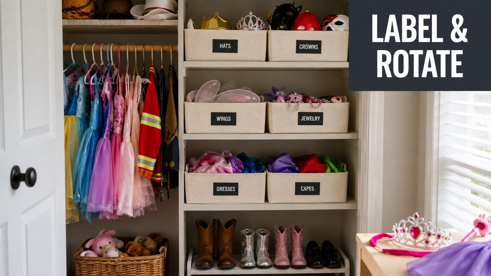 A well-organized children's costume closet featuring labeled storage bins for hats, crowns, wings, jewelry, dresses, and capes.
