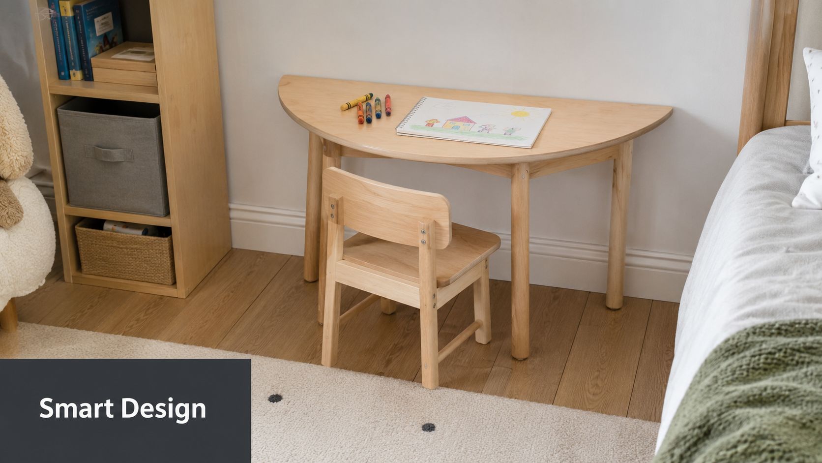 A wooden half circle desk and matching chair set placed in a cozy child's bedroom area.