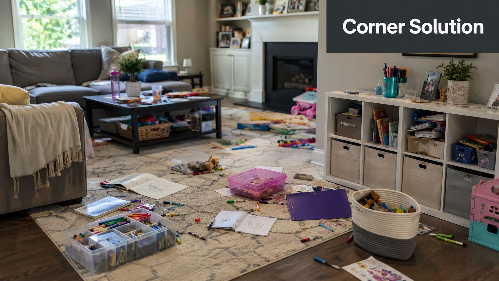 A messy living room filled with art supplies, books, and scattered toys on a patterned rug.