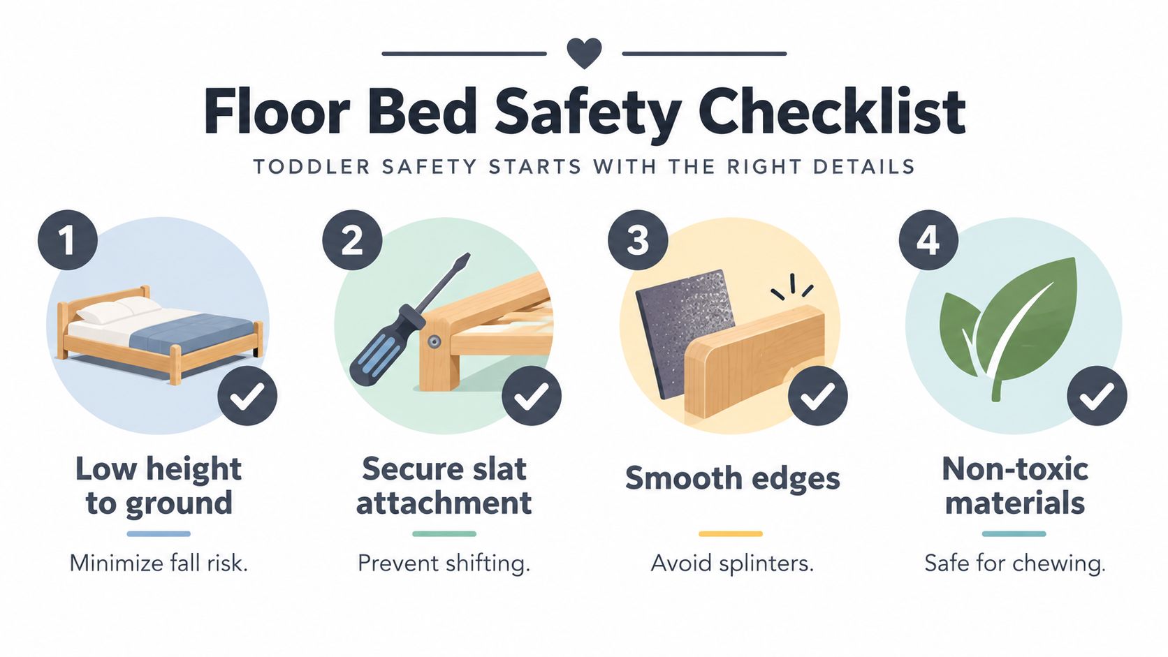 A four-point safety checklist for a toddler floor bed highlighting design features like low height and non-toxic materials.