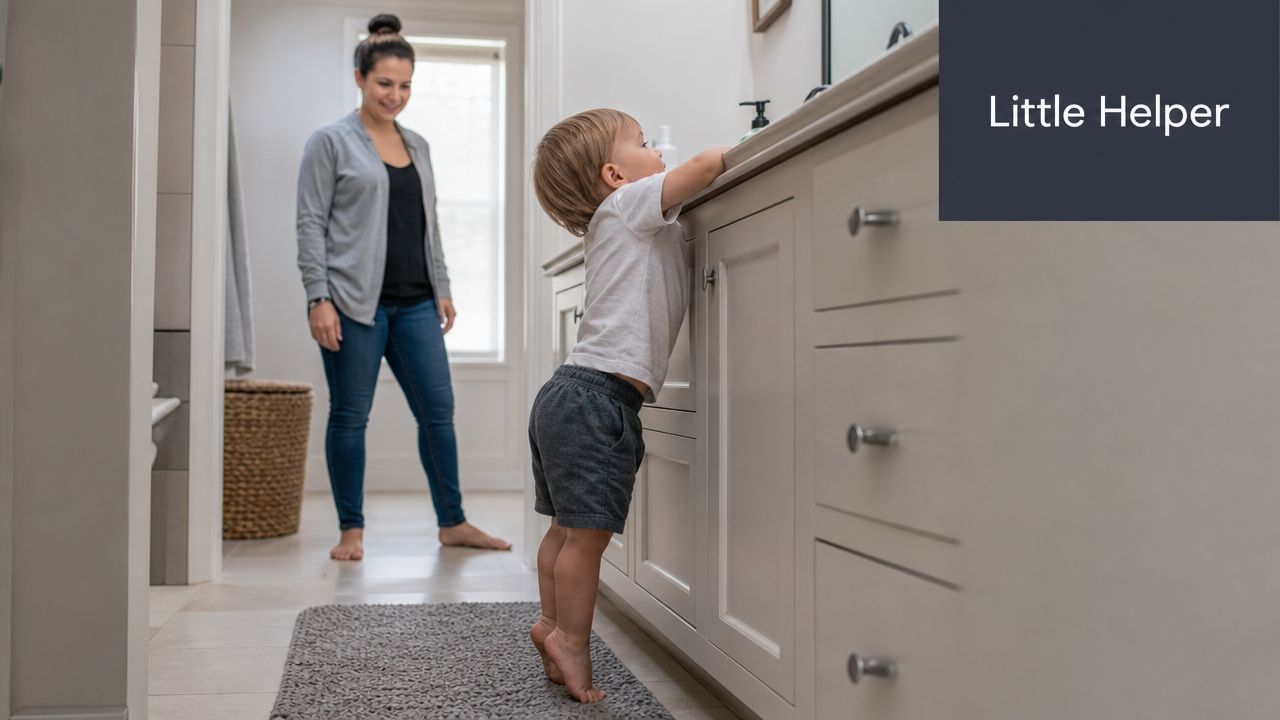 A toddler stretches on tiptoes to reach the bathroom sink while a woman watches from behind.