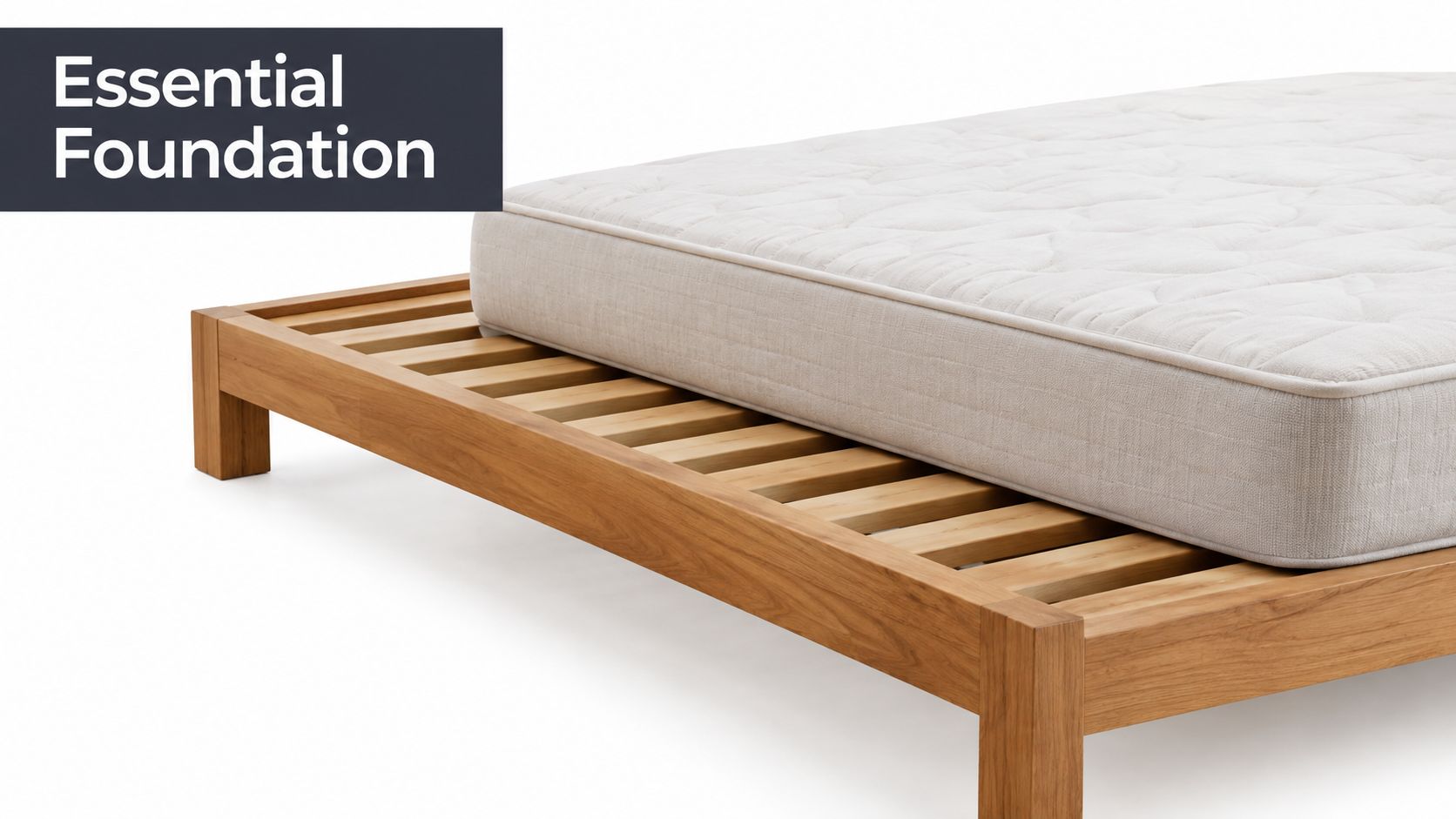 A modern wooden bed frame with slatted support, topped with a comfortable mattress on a white background.