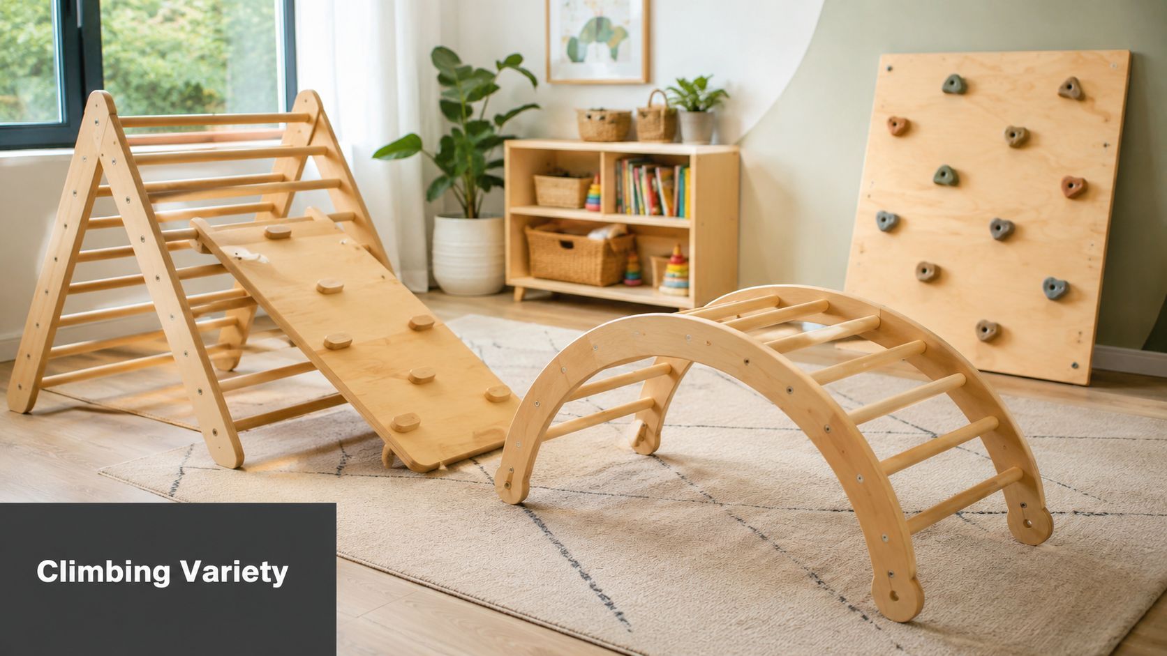 A modern playroom featuring a wooden triangle climber, a ramp, and an arched ladder on a rug.
