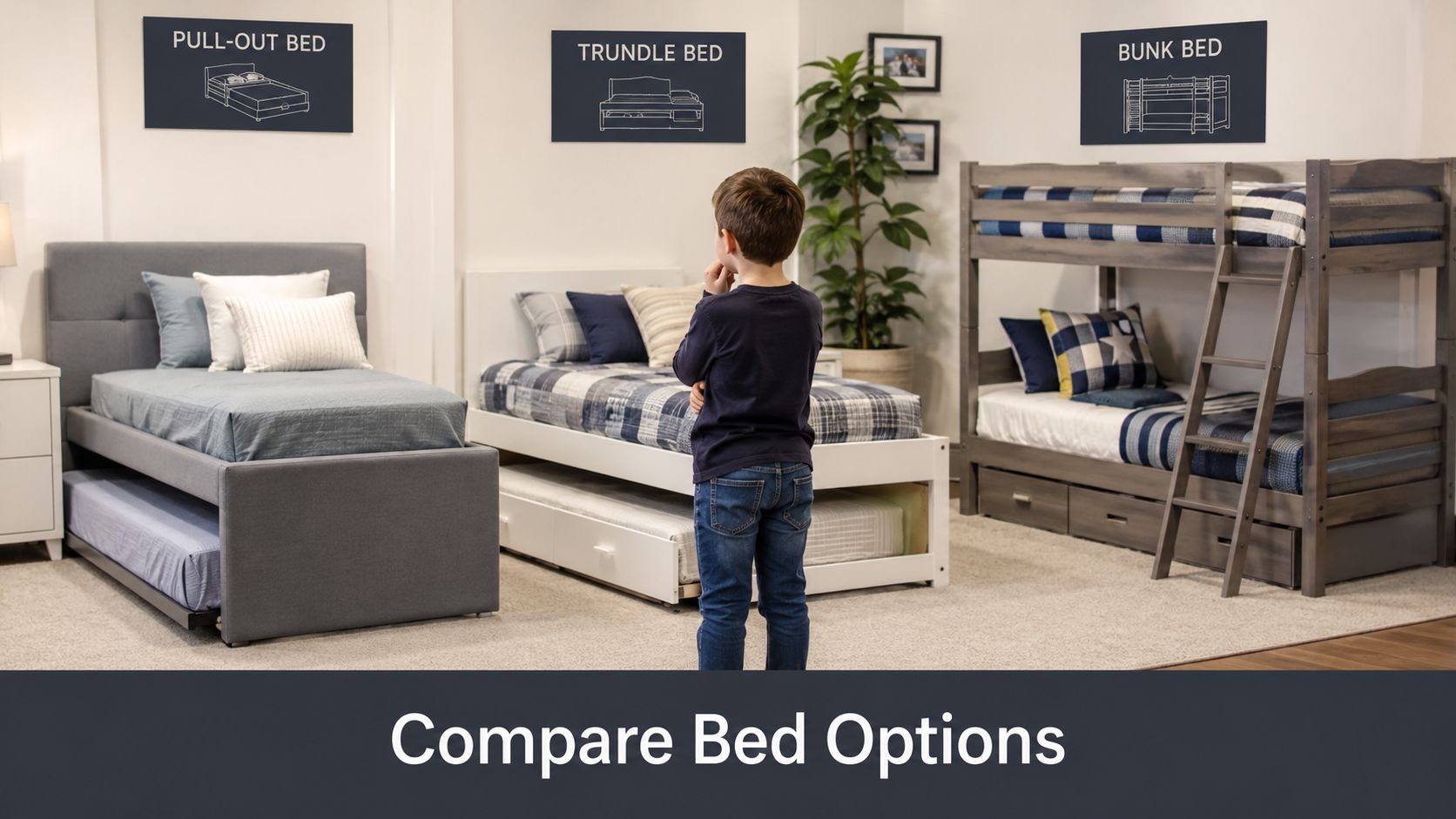 A young boy standing in a showroom contemplating between pull-out, trundle, and bunk bed furniture options.
