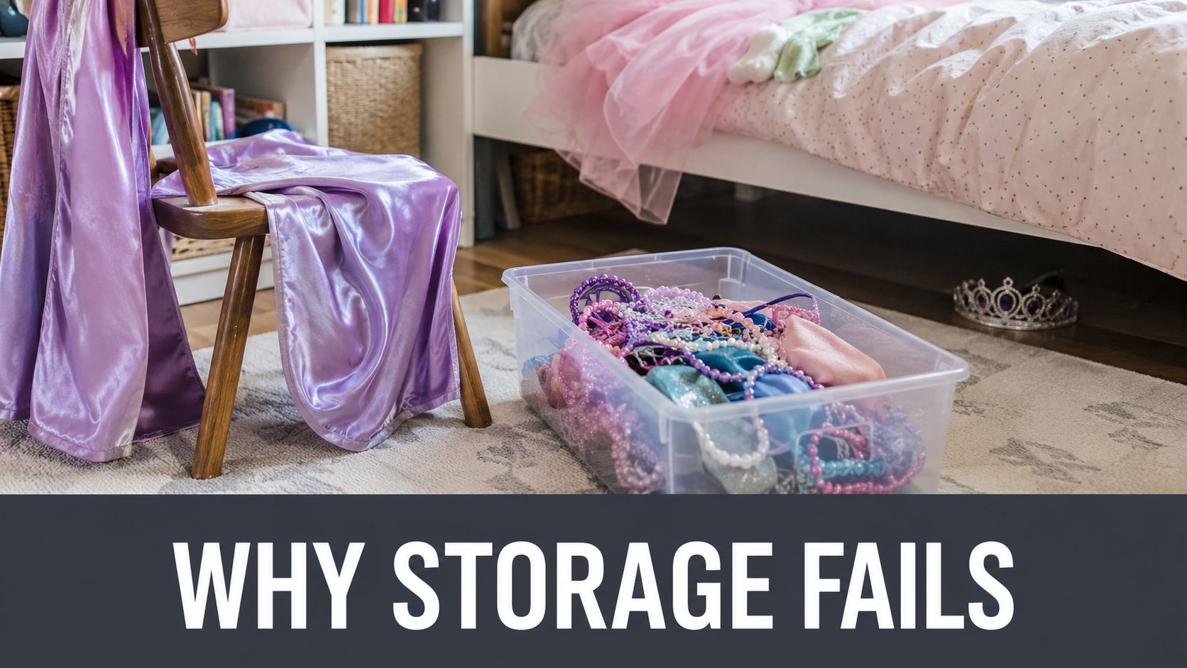 A child's bedroom featuring a wooden chair with a purple cape and a toy storage bin full of accessories.