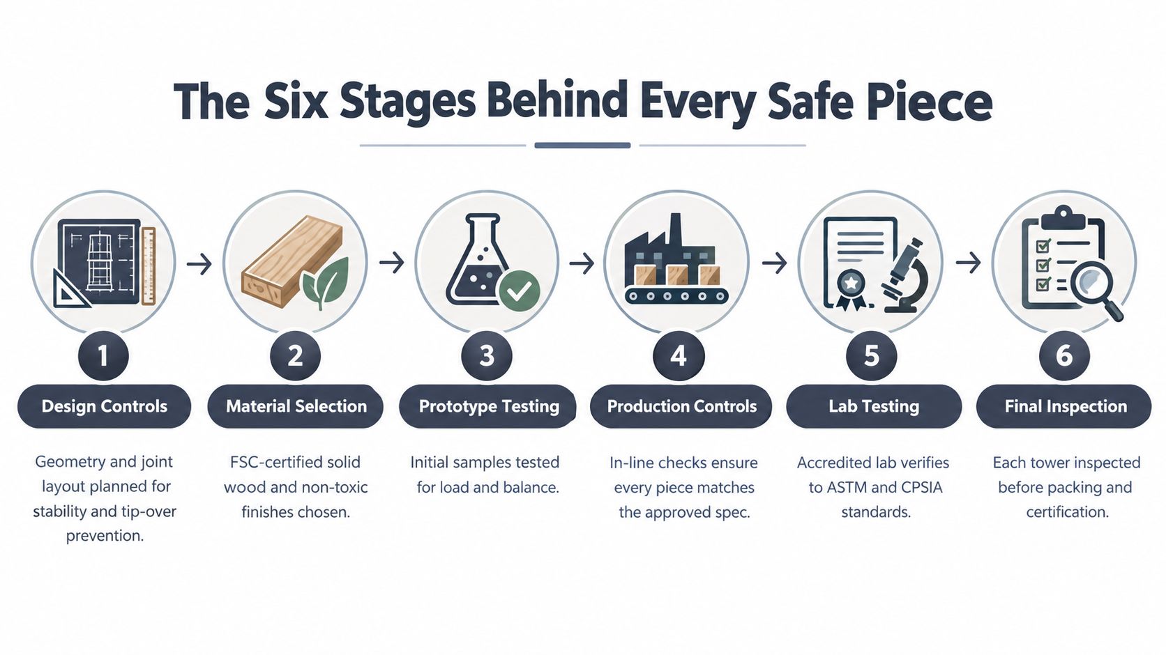 An infographic showing the six stages of a safe toy manufacturing quality assurance process.