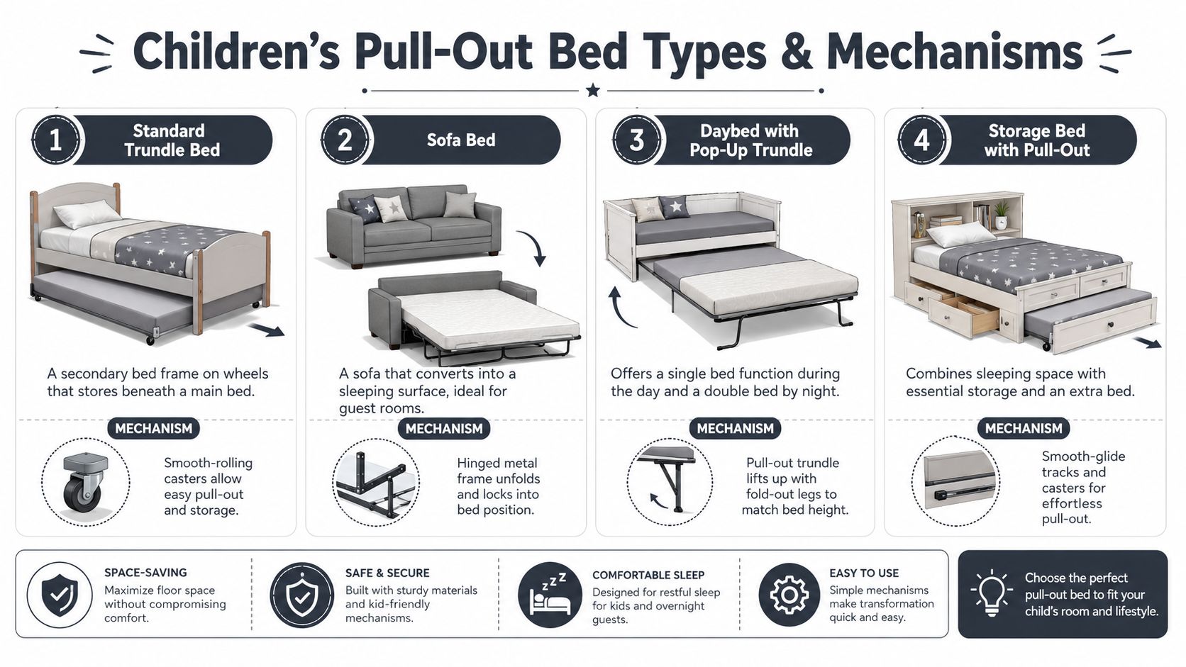 An infographic illustrating four different types of children's pull-out beds and their respective functional mechanisms.