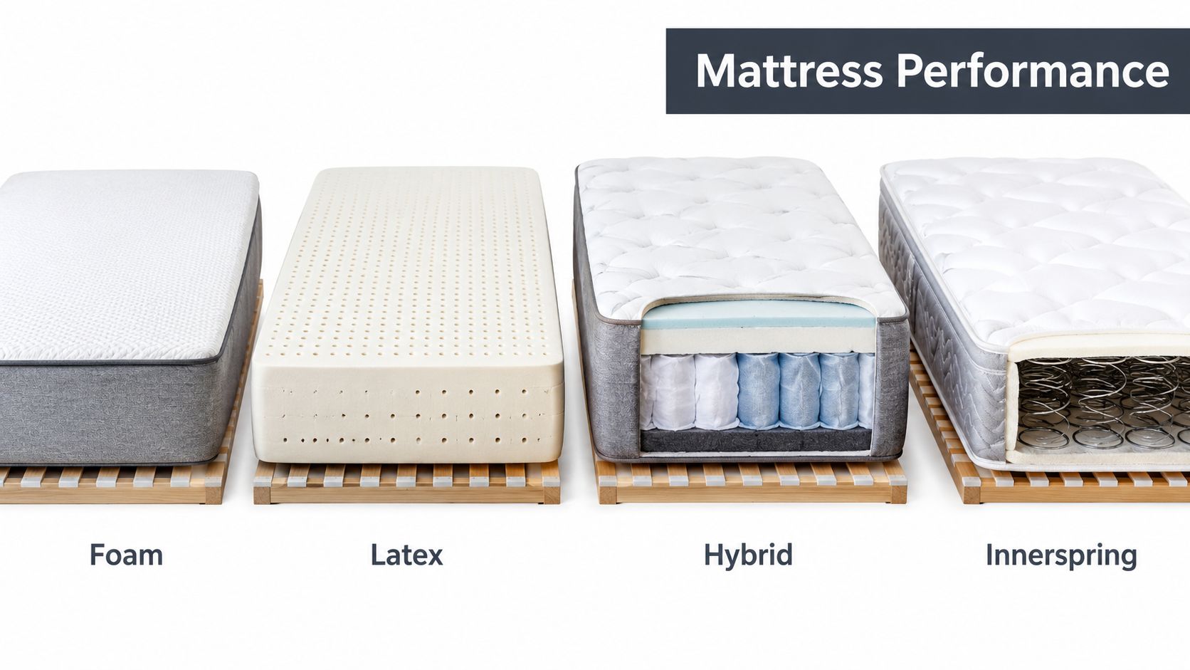 A display showing four different mattress types including foam, latex, hybrid, and innerspring resting on bed slats.