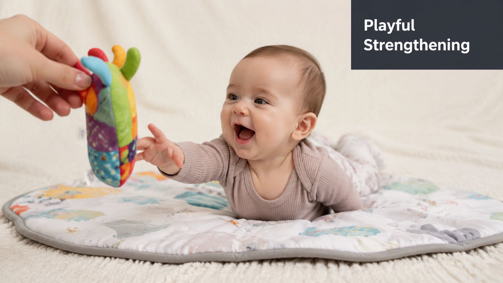 A happy infant performing tummy time while reaching out to grab a colorful toy from a parent.