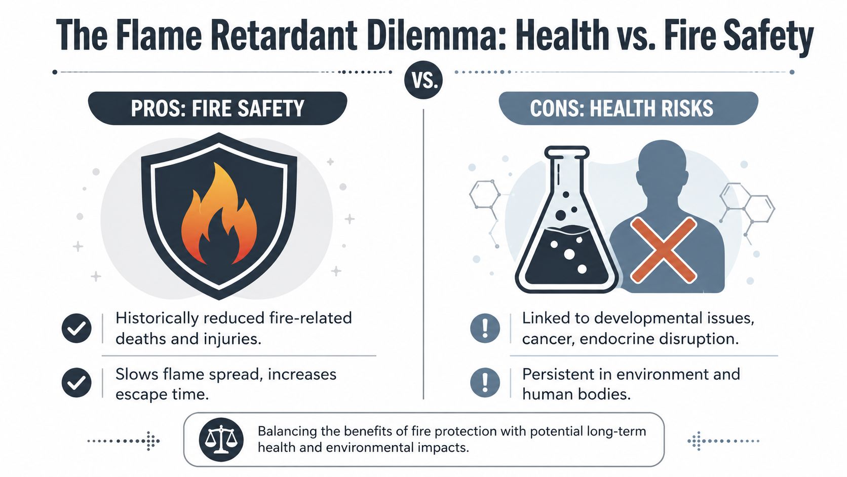 An infographic comparing the benefits of flame retardants for fire safety against their associated health risks.