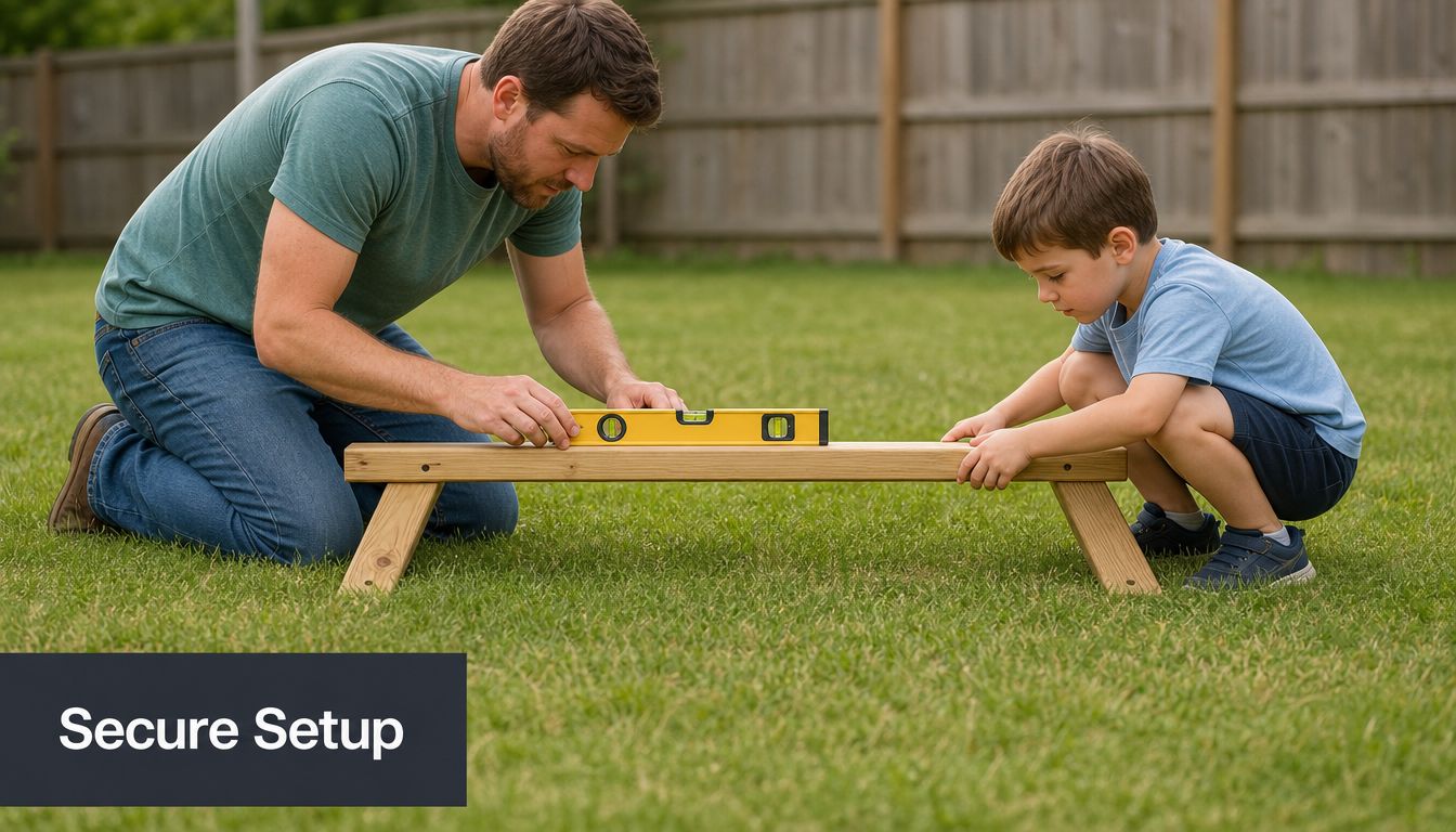 A father and son kneel on grass checking the level of a wooden balance beam outdoors.
