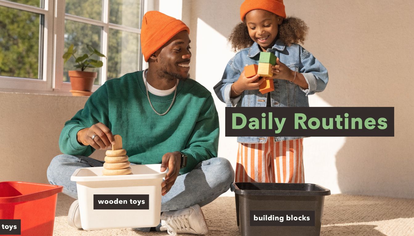 A father and his young daughter play together with wooden toys and building blocks in a sunny room.