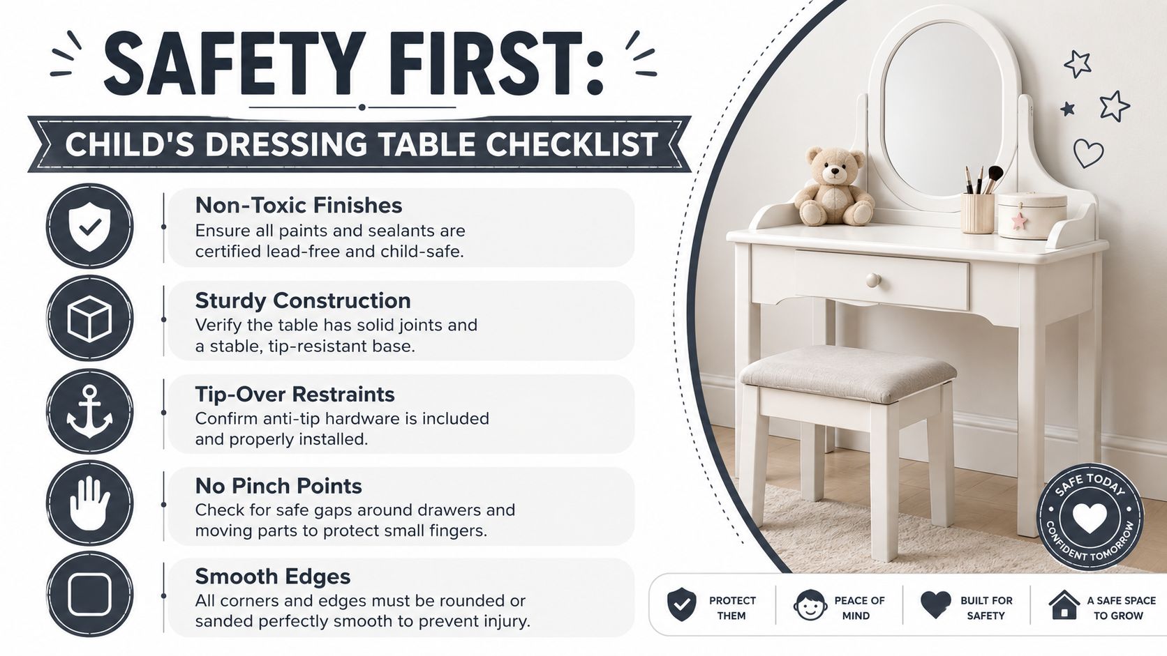 A safety checklist infographic for children's dressing tables featuring a white vanity set and safety tips.