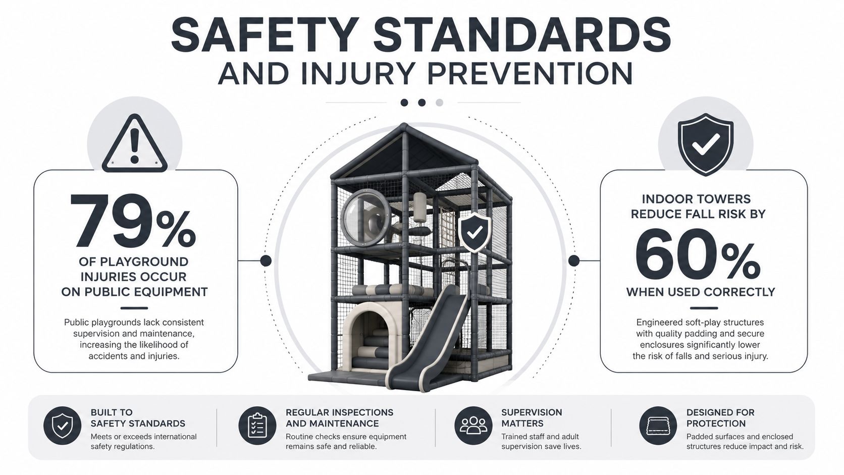 An infographic detailing safety standards and injury prevention for indoor montessori climbing towers and playground equipment.