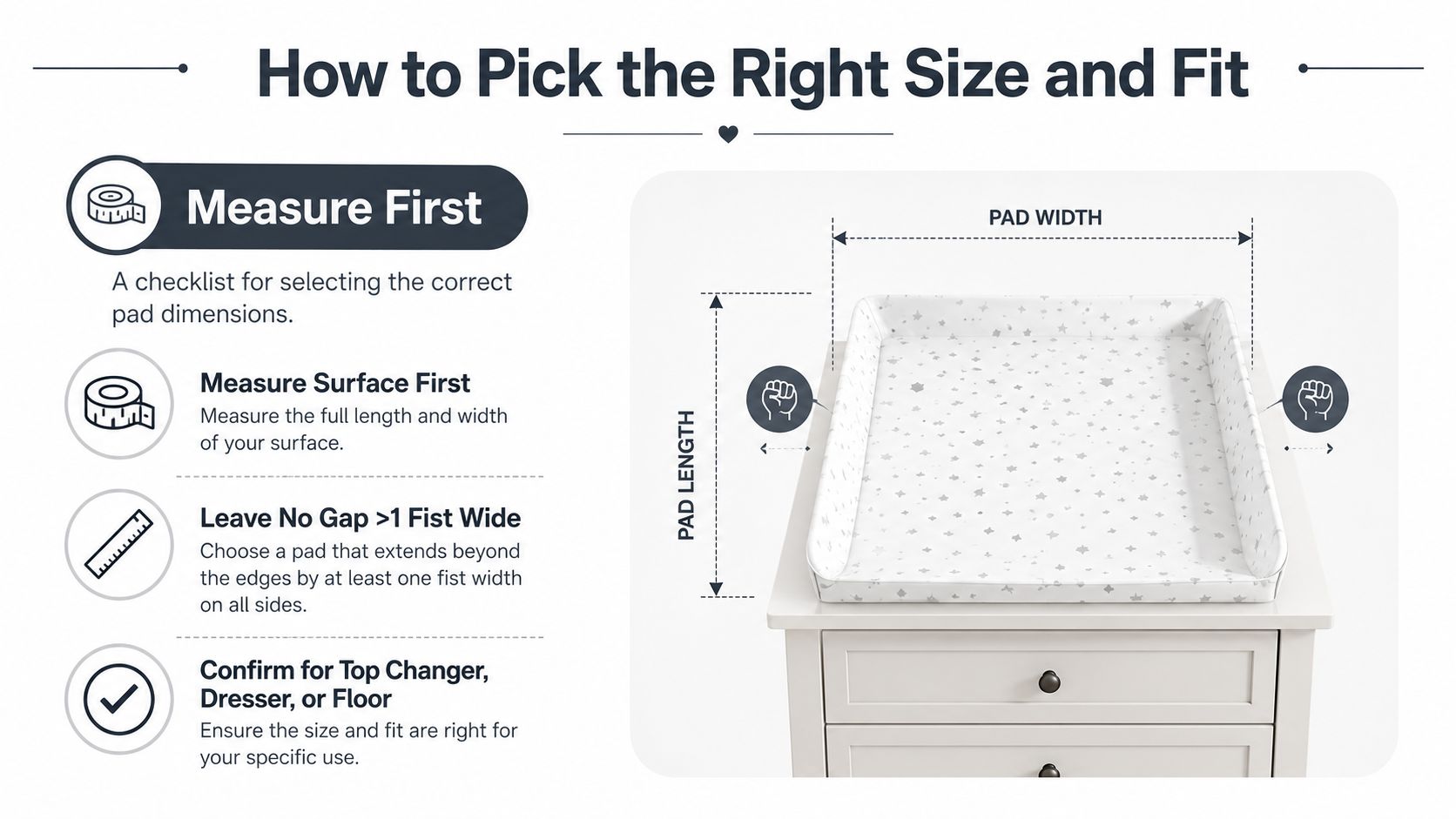 A guide on how to measure a changing pad to ensure a safe fit on surfaces.