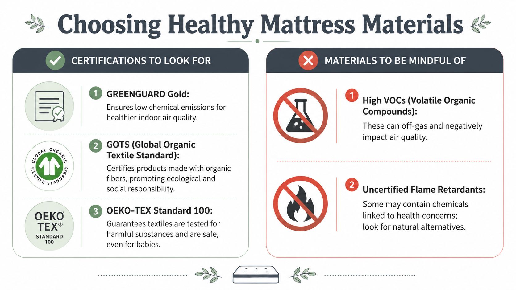 An infographic titled Choosing Healthy Mattress Materials listing certifications to look for and materials to avoid.