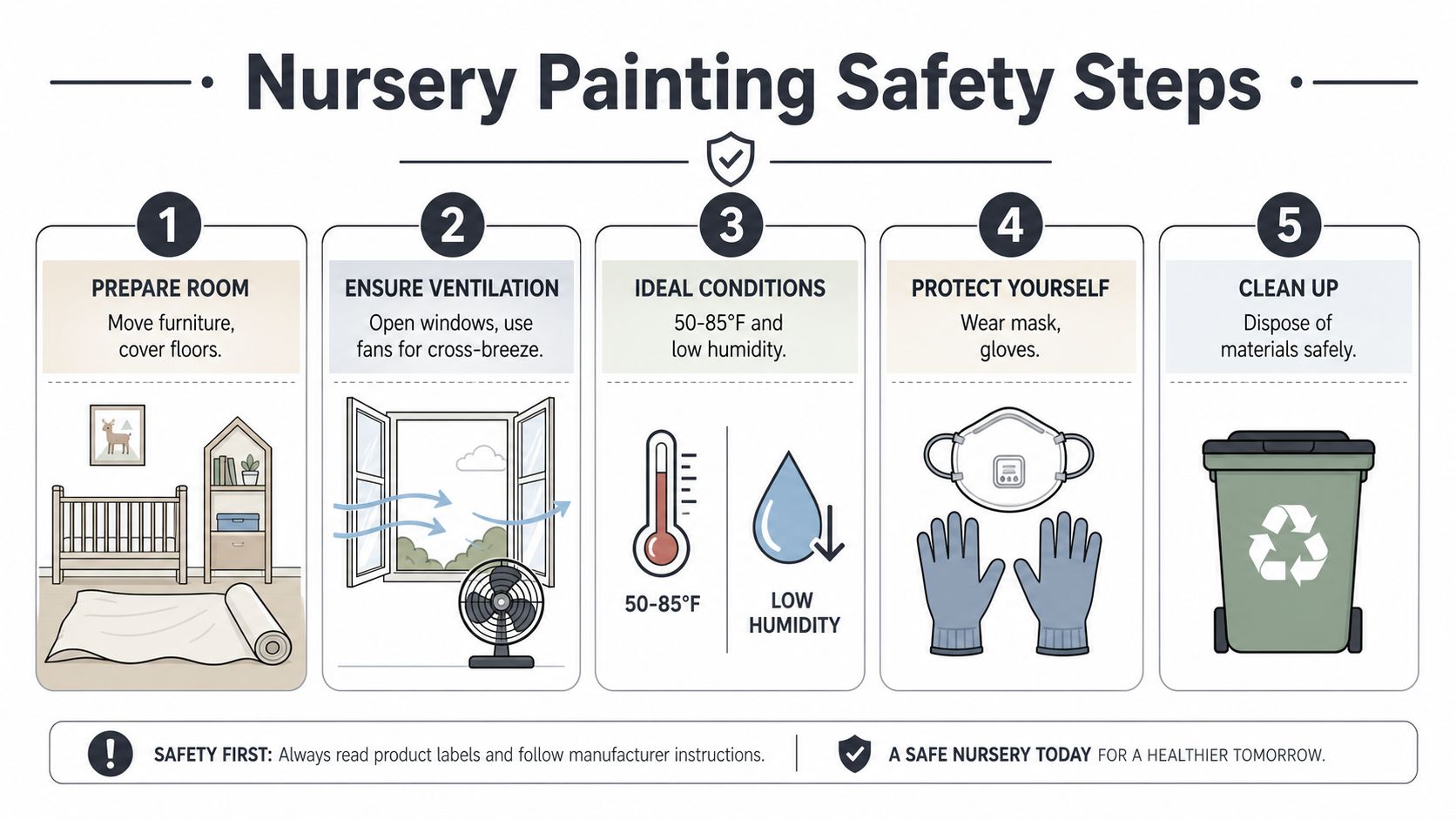 A safety infographic showing five steps for painting a nursery including preparation, ventilation, and protective gear.
