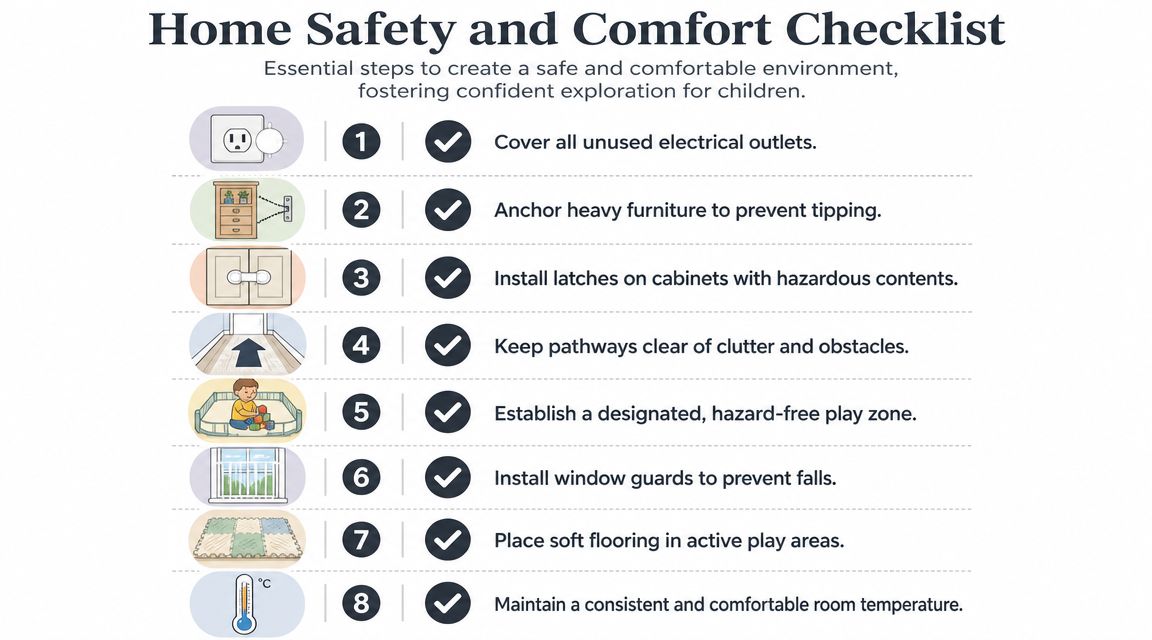 A checklist illustrating eight essential home safety and comfort steps for creating a secure environment for children.