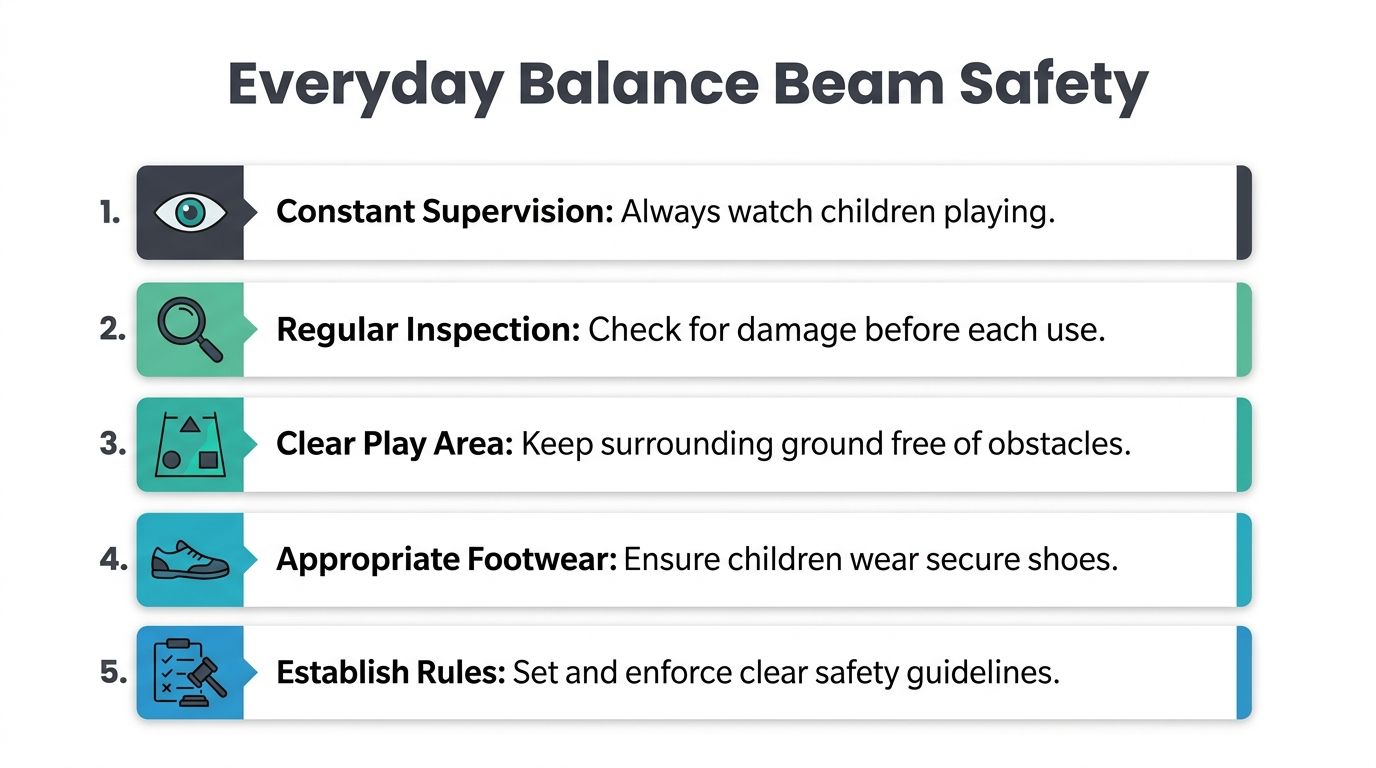 A list of five essential safety tips for using an everyday balance beam for children.