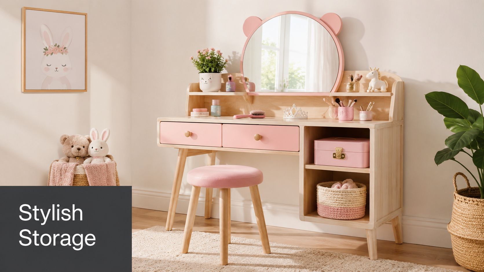 A charming wooden children's dressing table with a bear-shaped mirror, pink drawers, and a matching pink stool.