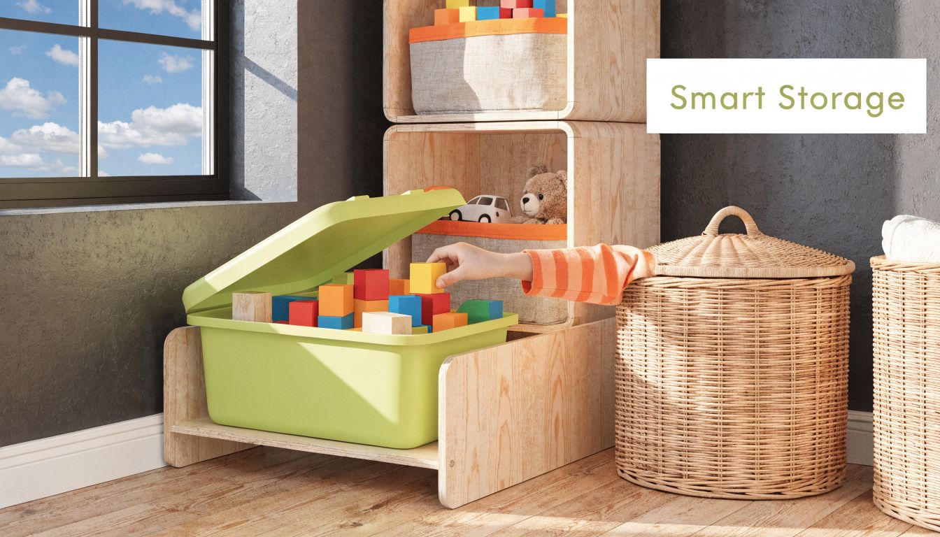 A child placing a wooden block into a green storage bin within a modular wooden shelf system.