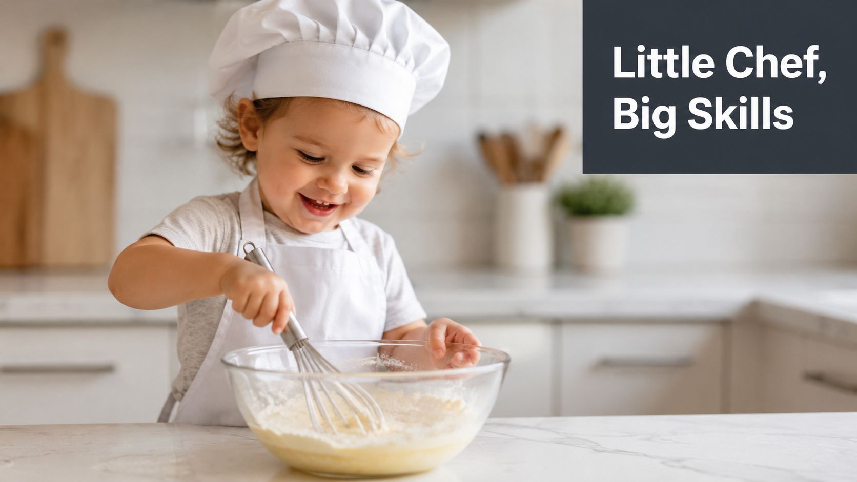 A happy toddler wearing a white chef hat and apron mixing ingredients in a glass bowl.