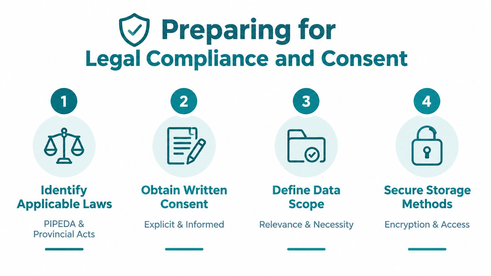 A four-step infographic illustrating the process of preparing for data privacy legal compliance and user consent.
