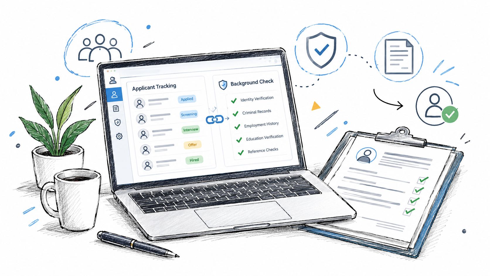 A laptop screen displaying an applicant tracking and background check dashboard on a desk with a clipboard.