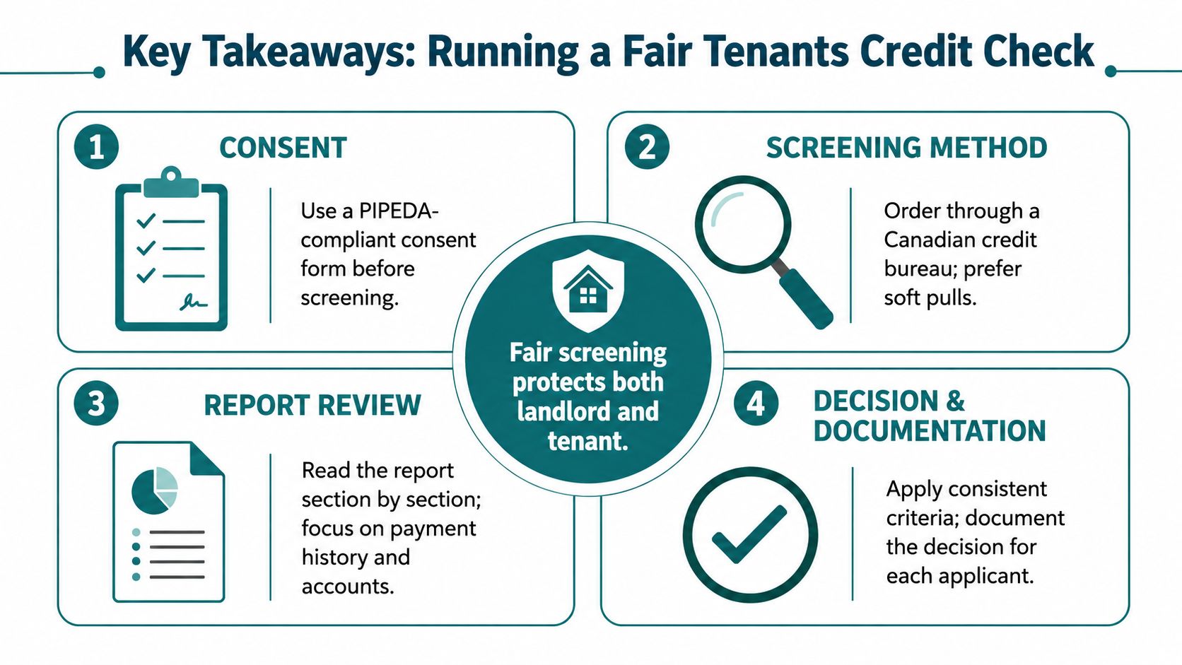 An infographic titled Key Takeaways: Running a Fair Tenants Credit Check showing four essential steps for landlords.