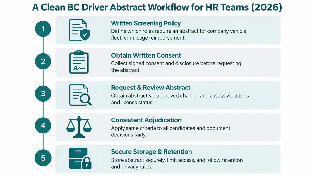 A five-step workflow infographic detailing the professional process for BC driver abstract screening for HR teams.