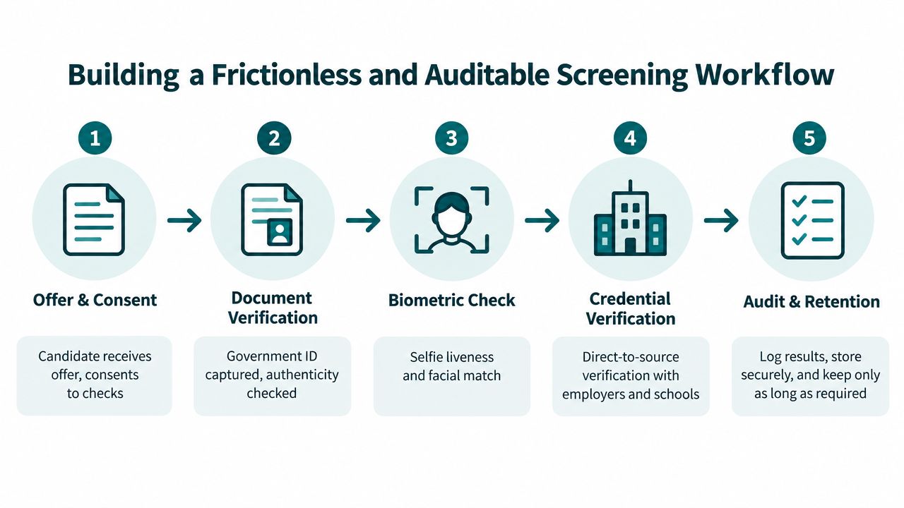 A five-step flowchart illustrating a frictionless and auditable candidate screening and identity verification workflow process.