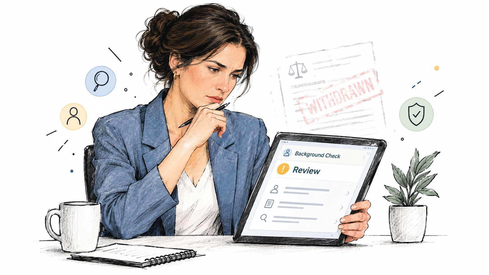 A professional woman reviewing a background check report on a tablet with a withdrawn status document.