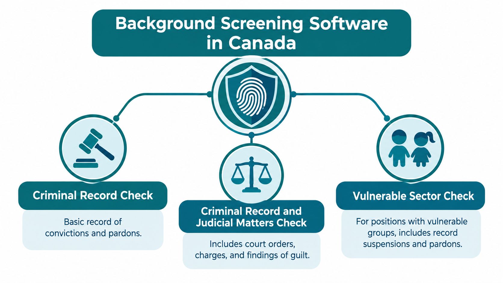 An infographic showing three types of background screening software checks in Canada: criminal, judicial, and vulnerable sector.